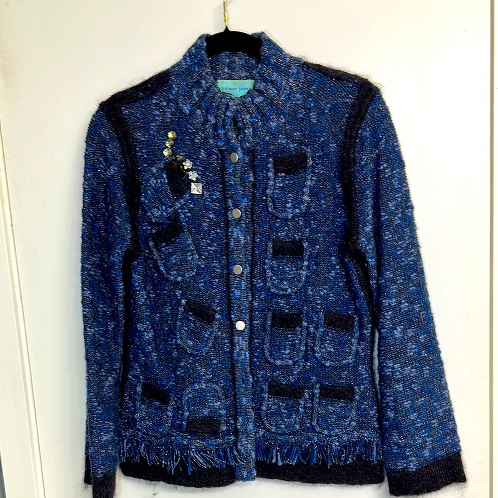 Blue Embroidered Velvet Cardigan